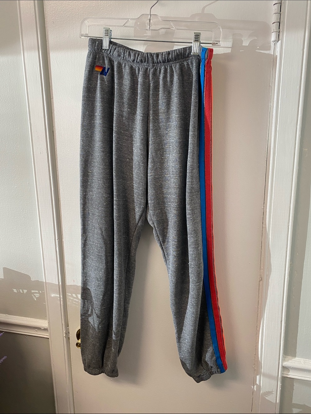 Aviator Nation Gray Track Joggers with Red & Blue Side Stripes